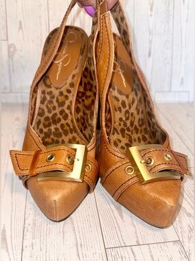 Jessica Simpson - Tan Camel Slingback Peep-Toe Heels with Buckle Detail - size 7